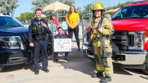 photo of police officer, lifeguard and firefighter at a public pool in Chandler