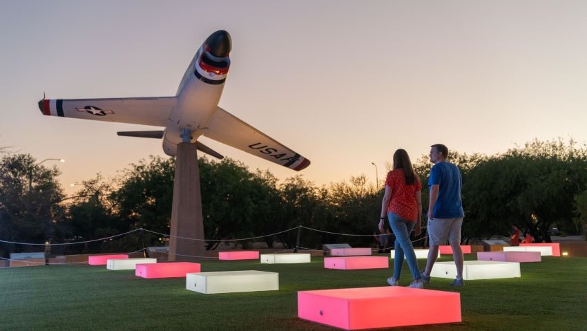 Rendering from upper level of the Field of Honor Field of Honor at night with lights