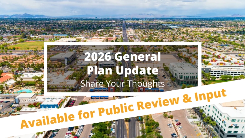 Aerial of Chandler with text overlay: 2026 General Plan Available for Public Review and Input