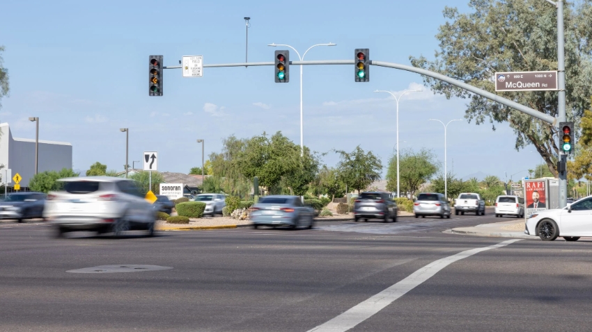 intersection with flashing yellow left turn arrow