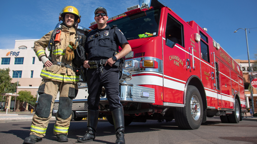 Chandler Police and Fire in front of firetruck