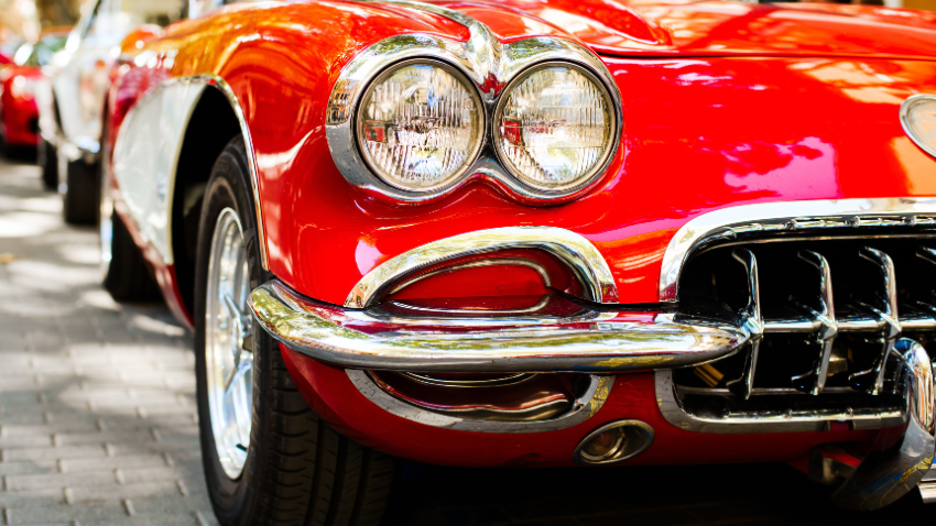 Closeup of red classic car