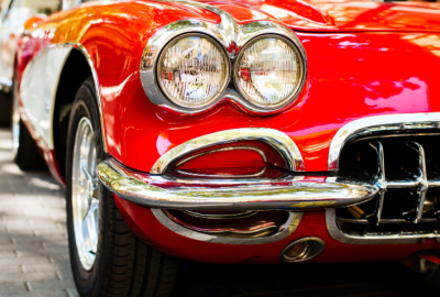 Closeup of classic red car