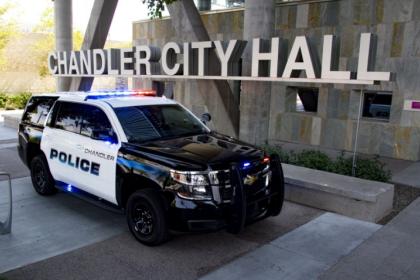 Chandler Police cruiser in front of city hall