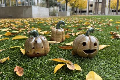 Promotional image for "Art Social: Pumpkin Luminarias" featuring three ceramic pumpkin luminarias created in the class