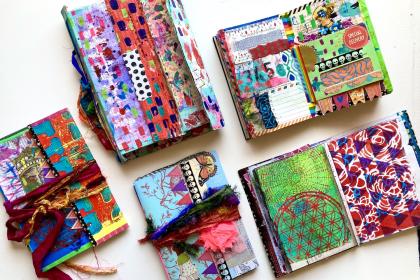 Promotional Graphic for "Art Social: Mixed-Media Art Journals" featuring colorful miniature journals. The event is August 24, 10am-1pm